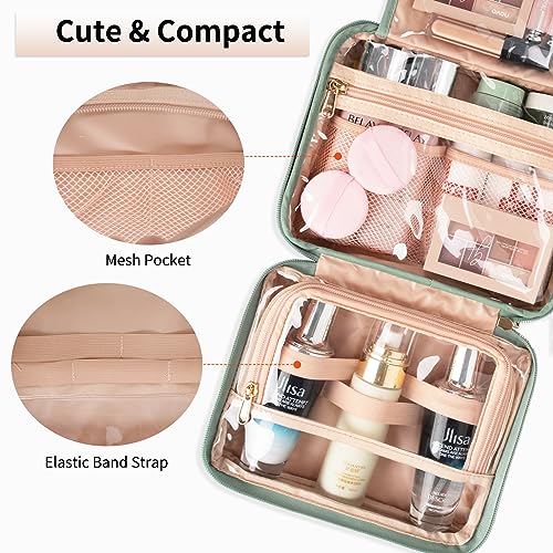 CUBETASTIC Hanging Travel Toiletry Bag, Green Makeup Organizer for Women Men, 3 Compartment Portable Cute Cosmetic Case Water-resistant Small Travel Bag for Toiletries