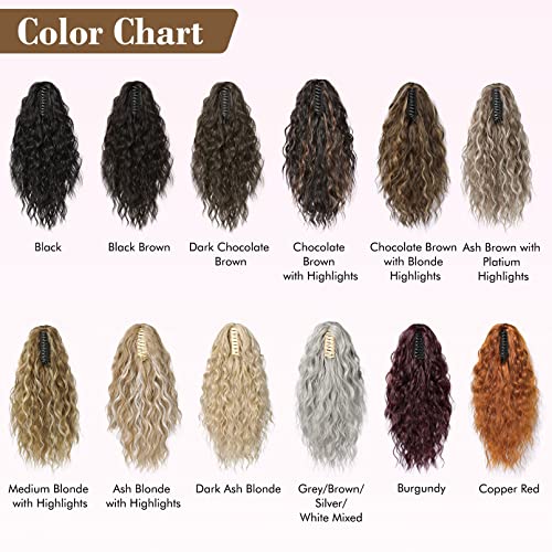 REECHO Highlight Ponytail Extension, 18 Inch Claw Multi Layered Clip on Ponytail Extension for Women Long Curly Hair Extensions Synthetic Hairpiece HP002 - Ash Brown with Platium Highlights