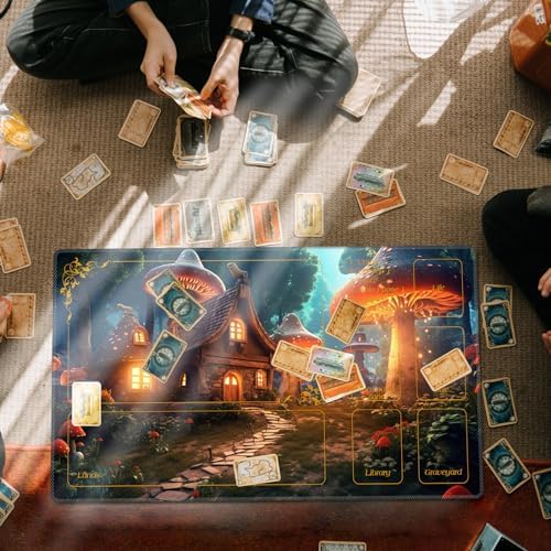 for MTG Playmat with Zones 24 x 14 inches for TCG Playmats Non-Slip Rubber Base Commander Play Mat for Magic The Gathering Playmat Iorcana Trading Card Game, A Magical Mushroom Village