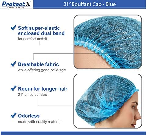ProtectX 500-Pack Blue Disposable Hair Nets, Elastic Head Cover, Bouffant Caps, Sanitation Head Cover for Food Service, Spa Men & Women - 21 inch