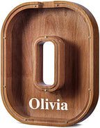 Summidate Customized Name Large Wooden Piggy Bank for Kids Boys Girls Alphabets Letter A-Z Coins Bills Money Change Bank Box Initial on Clear Cover (Laser Engraved) (Alphabet-O, Personalized-12)