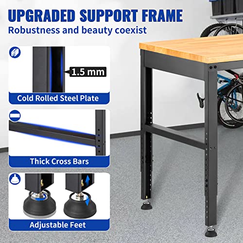 VEVOR 60" Adjustable Workbench, Heavay Duty Workstation 2000 LBS Load Capacity, with Power Outlets & Rubber Wood Top & Metal Frame & Foot Pads, for Workshop Office Home Garage