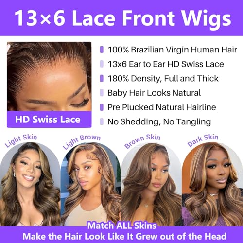 Honey Blonde Ombre Lace Front Wig Human Hair Highlight Body Wave 13X6 Lace Front Wigs Human Hair Pre Plucked HD Frontal 180 Density Glueless 4/27 Highlighted Human Hair Wig 30 Inch