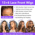 Honey Blonde Ombre Lace Front Wig Human Hair Highlight Body Wave 13X6 Lace Front Wigs Human Hair Pre Plucked HD Frontal 180 Density Glueless 4/27 Highlighted Human Hair Wig 30 Inch