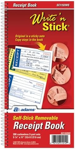 Adams Write n' Stick Receipt Book, 2-Part, Carbonless, White/Canary, 5-1/4" x 11", Spiral Bound, 200 Sets per Book, 4 Receipts per Page (SC1152WS)