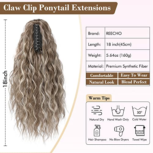 REECHO Highlight Ponytail Extension, 18 Inch Claw Multi Layered Clip on Ponytail Extension for Women Long Curly Hair Extensions Synthetic Hairpiece HP002 - Ash Brown with Platium Highlights