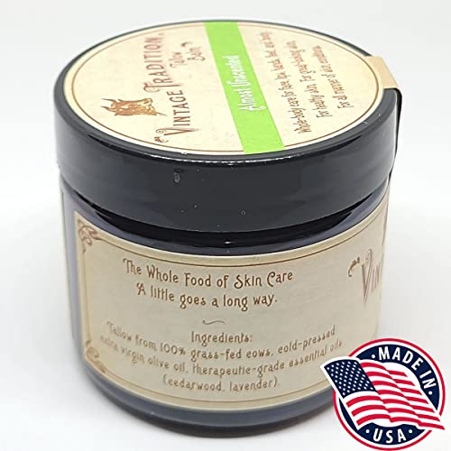 Vintage Tradition Beef Tallow All Purpose Balm – Healing, Hydrating Mild Scent Skin Care Salve Replaces Body Lotion, Hand Cream, More – Essential Oil, Olive Oil, and Grass-Fed Tallow, 2 fl. oz.