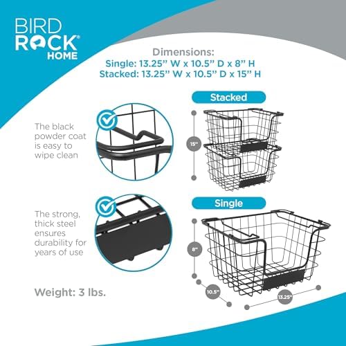 BIRDROCK HOME Stacking Wire Market Basket w/Chalk Label - Metal Storage Bin - Kitchen Counter, Pantry Cabinet, Shelves | Fruit, Vegetables, Bread, Onions, Potatoes & Snack - Metallic Black - Set of 2