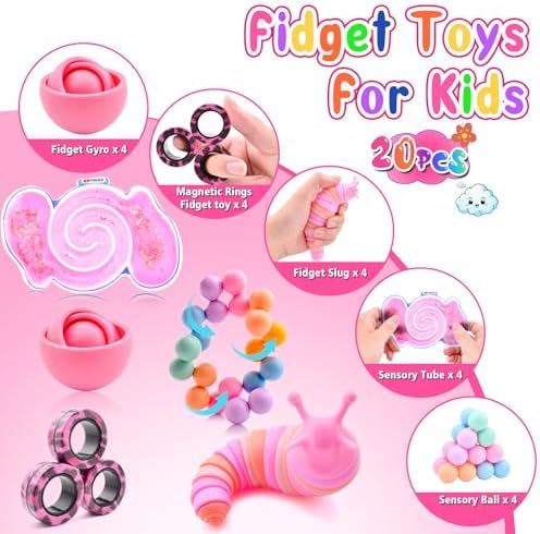 Cevioce 20Pcs Fidget Toys Adults Pack,Stocking Stuffers for Teens Boys Girls,Autism Sensory Toys with Fidget Spinner Slug Magnetic Rings,Squishy Fidget Toys ADHD Stress Relief,Party Favor for Kid-BPYP