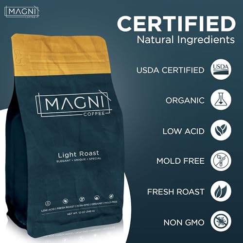 Magni Coffee - Ground - Light Roast - Low Acid - Single Origin USDA Organic Non-GMO Beans Third Party Tested For Mycotoxins & Pesticides - Fair Trade -12 Oz