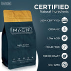 Magni Coffee - Ground - Light Roast - Low Acid - Single Origin USDA Organic Non-GMO Beans Third Party Tested For Mycotoxins & Pesticides - Fair Trade -12 Oz