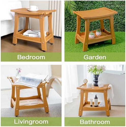 Y&M 2-Tier Bathroom Shower Bench with Waterproof Storage Shelf, HDPE Towel & Shower Head Shelves Curved Seat, Small Tub Chair for Shaving Legs Foot Stool, Bath, Spa, Indoor or Outdoor Use, Teak