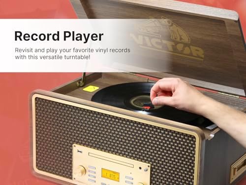 Victor VWRP-5000 Monument 8-in-1 Bluetooth Turntable with 3-Speed Vinyl Record Player, Cassette, CD Player, AM/FM Radio, USB, Aux Input, and Built-in Speakers – Ideal for Vinyl Lovers