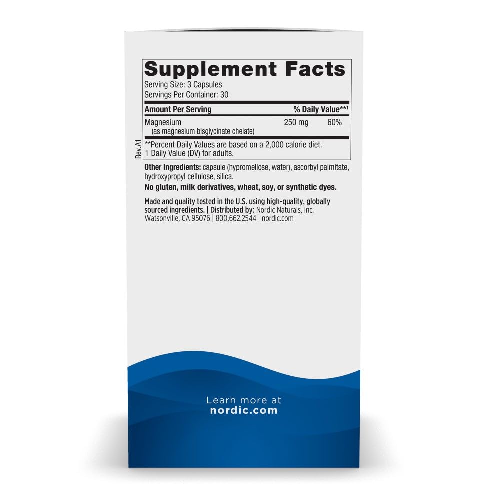 Nordic Naturals Vegetarian Magnesium Glycinate Capsules, Unflavored, 90 Count - 250mg Magnesium per Serving - Highly Bioavailable Support for Muscle & Cardiovascular Function - Non-GMO - 30 Servings