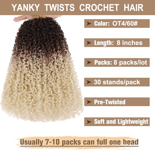 COOKOO 8 Inch Pre Looped Yanky Twist Crochet Hair 8 Packs Short Yanky Passion Twist Hair Bohemian Yanky Twists Crochet Hair Fluffy Mini Twist Crochet Hair Pre-twisted Curly Crochet Braiding Hair