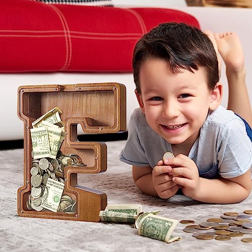 Summidate Customized Name Extra Large Wooden Piggy Bank for Kids Boys Girls Alphabets Letter A-Z Coins Bills Money Change Saving Box Clear Cover (Laser Engraved) Educational Toys 12"- Letter F