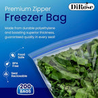 DiRose Reclosable Freezer Bags - 1 Gallon Size (200 Pack) | Double Zipper, Airtight Seal, BPA-Free, Premium Thick Heavy-Duty Bags for Safe and Secure Food Storage