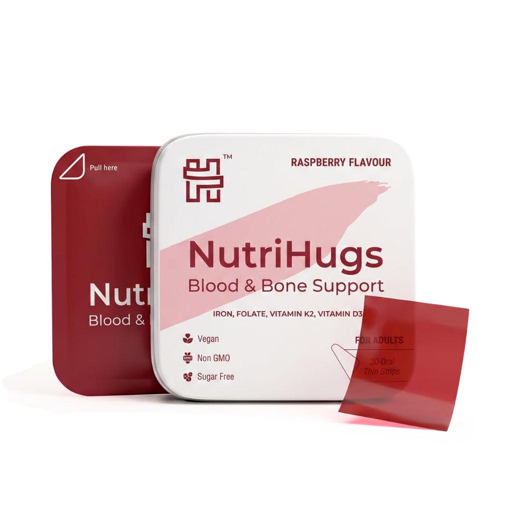 MedHugs NutriHugs Blood and Bone Support - Iron, Folate, Vitamin D3 and K2 - Fast-Dissolving Oral Thin Film Strips - Non-Constipating Iron - Vegan, Sugar-Free, Non-GMO - 30 Strips