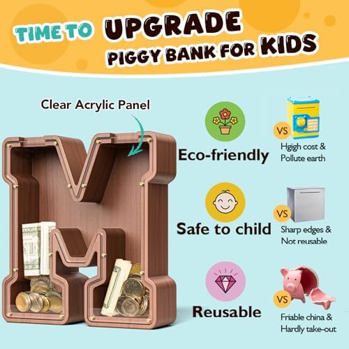 Summidate Wooden Letter Piggy Bank, Extra Thick Large Capacity Piggy Bank for Kids Boys Girls Toddler, Alphabet M Money Bank| Coin Box Birthday, Christmas, Festival