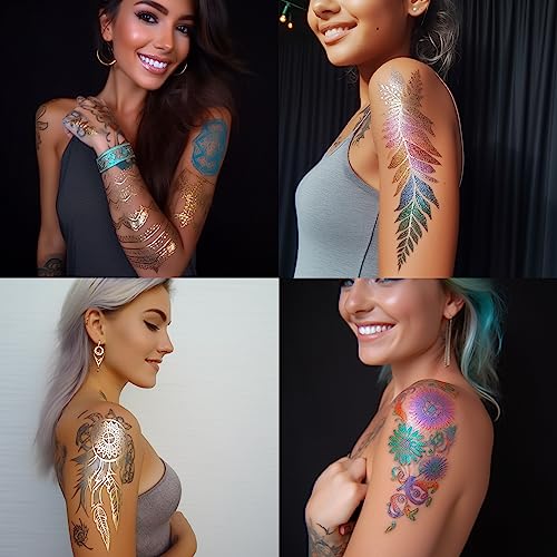 Temporary Tattoo Markers for Skin, 15 Colors Tattoo Pen + 50 Paint Stencils + 43 Tattoos Stickers, Glitter & Matte & Neon Glow Body Marker Set, Removable Fake Tattoos Kit for Teens and Adult