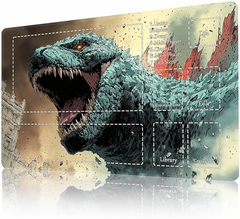 MTG Playmat Non-Slip Rubber Backing Printing Commander Board Game Desk Mat Duel Mat TCG PTCG Playmat 24x14 inches and Free Storage Bags (Godzilla with Zones)