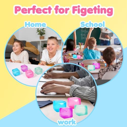 4pack Stress Cube Squishy Stress Balls for Adults Kids Fidget Toy for Your Best Mellow and Chill -Ice Cubes-Square Shape with Filling in Pink Blue Purple Green -Age 3 to Adult(4pcs Cube)