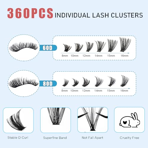 Lash Clusters Kit 360 Clusters Lash Extension Kit 60D+80D DIY Eyelash Extensions Kits C curl Individual Wispy Lashes Cluster Natural Eye Lash Extension Trays with Glue&Tweezers for Beginners