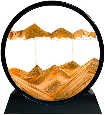 Moving Sand Art Liquid Motion - Moving Sand Art Picture Decor 3D Deep Sea Sandscape, Round Glass Frame Display Flowing Sand Relaxing Toy for Desktop Home Office Work Decoration(Yellow, 12")