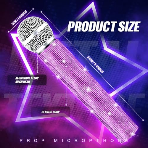 Sanwuta Fake Microphone Prop Sparkly Bling Rhinestones Plastic Play Microphone Pretend Glitter Bedazzled Mic for Cosplay Party Costume(Purple)