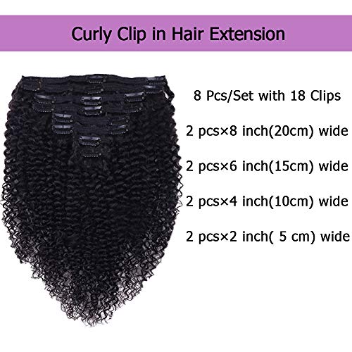 Curly Clip In Extension Human Hair 3C 4A Kinky Curly Clip Ins Full Head for Black Women Brazilian Remy Human Hair Natural Color 8Pcs with18clips 120g/Set(22 inch, curly wave)