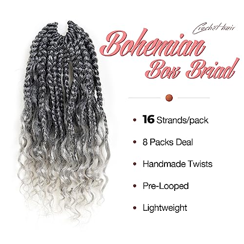 ToyoTress Boho Box Braids Crochet Hair - 16 Inch 8 Packs Ombre Gray Box Braids Crochet Hair Curly End Crochet Braids, Shouler Length Pre-looped Synthetic Braidsing Hair (16 Inch, T-Gray-8P)