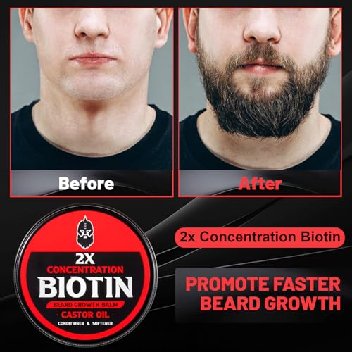 Beard Balm, 2X Concentration Biotin, with Castor Oil and Argan & Jojoba Oils, Promotes Beard Growth, Styles, Strengthens & Softens Beards & Mustaches, 2 Ounce,Unscented