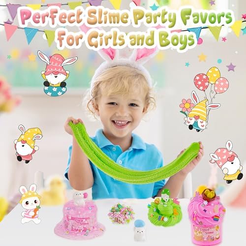 LAWOHO 6 Packs Bunny Pink Slime Kit -Cloud Clear Butter Slimes with Easter Charms & Add-ins, Soft Fluffy Slimes Kits for Girls & Boys, 360ml Pink & Green Easter Slime Making Kit Party Favor for Kids
