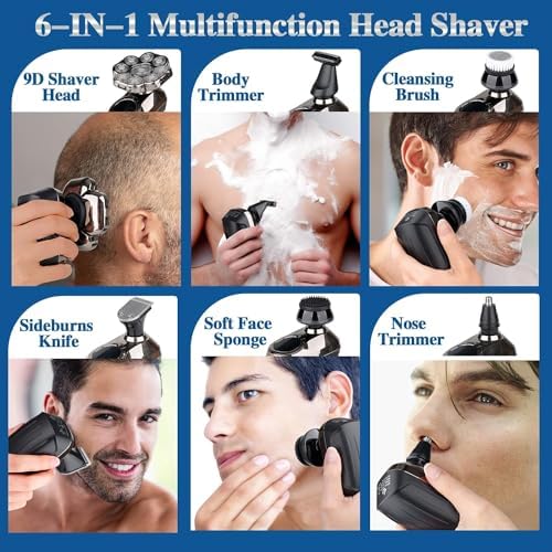 9D Head Shavers for Bald Men, Upgraded 6-in-1 Mens Grooming Kit, Detachable Bald Head Shavers for Men, Wet/Dry LED Display, Travel Lock Electric Razor for Men with Type-C Charge