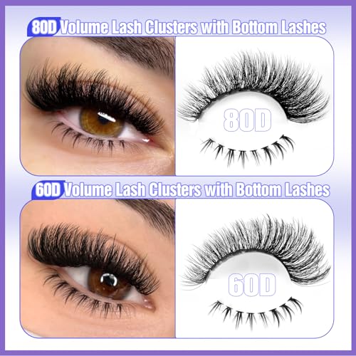 Yawamica Fluffy Lash Clusters Kit DIY Lash Extension Kit with Bottom Lashes Wispy Cluster Eyelash Extension 10-18MM 60D+80D Individual Lashes Kit with Lash Bond and Seal and Applicator for Beginners