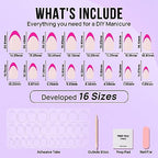 French Tip Press On Nails Almond - BTArtbox Hot Pink Press On Nails Short, Stick On Nails for Women, Glue On Nails with Nail Glue in 16 Sizes - 30 Soft Gel Fake Nails Kit, Berry French