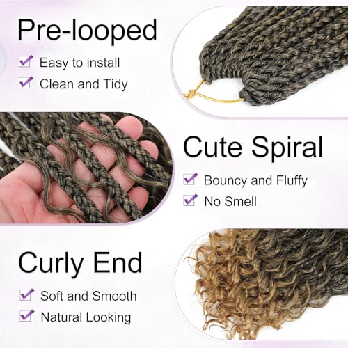 Goddess Box Braids Crochet Hair For Women-14 Inch 8 pack Pre Looped Boho Crochet Braids Short Prelooped Bohemian Boho Box Braids Crochet Hair With Curly Ends Ombre Crochet Braid Hair（14in,#1b/27）