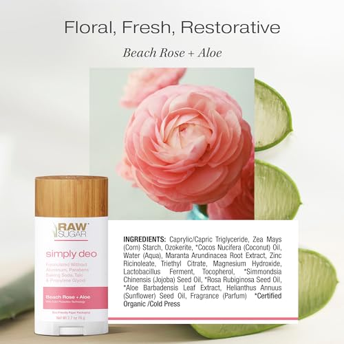 RAW SUGAR Aluminum Free Deodorant Stick, Simply Deo Bundle (Pack of 3) Whole Body Deodorant for Women & Men, Clean Formulated without Baking Soda, Talc & Parabens, Beach Rose + Aloe Scent