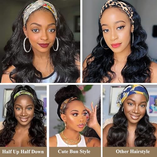 Colorful Queen Reddish Brown Headband Wig Auburn Body Wave Headband Wigs for Black Women Copper Red Colored Long Wavy Wig with Headband 26 Inch Glueless Half Wig