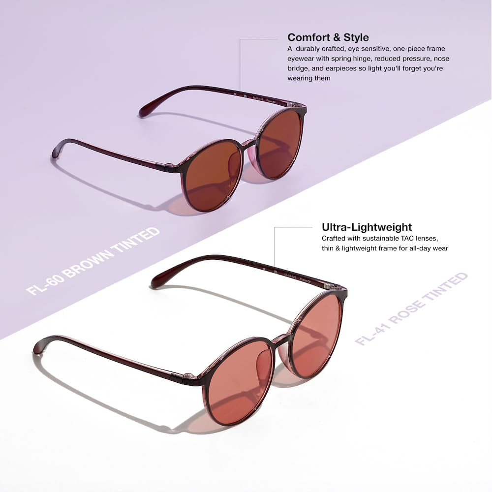 BRADDELL Indoor FL-41 Rose & Outdoor FL-60 Brown Tinted Migraine Light Sensitivity Glasses for Fluorescent LED Glare, Photophobia and Concussion (MEDIUM)