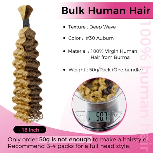 Lashey Human Braiding Hair Deep Wave 50g Bulk Human Hair for Braiding #4/27 Ash Brown Mix Honey Blonde 100% Virgin Hair Bulk No Weft Human Hair Extensions for Boho Braids 22 Inch