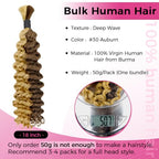 Lashey Human Braiding Hair Deep Wave 50g Bulk Human Hair for Braiding #4/27 Ash Brown Mix Honey Blonde 100% Virgin Hair Bulk No Weft Human Hair Extensions for Boho Braids 22 Inch