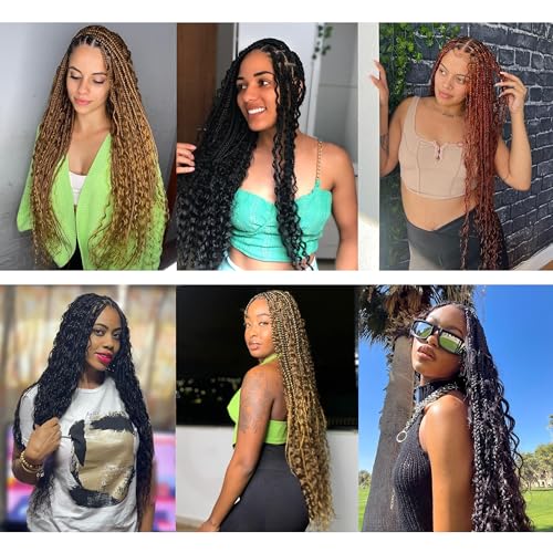 Boho Crochet Braids Human Hair Mixed 18 Inch Goddess Crochet Boho Box Braids with Human Hair Mixed Curls Ginger Color Bohemian Braids Crochet Hair for Black Women Human Hair(18Inch #350)