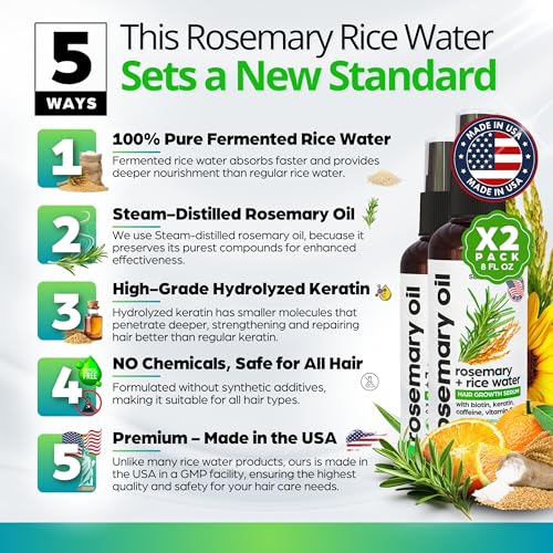 Rosemary Oil and Rice Water Hair Growth Spray - Serum with Biotin, Keratin, Caffeine, Vitamins C & B5 for Hair Mask, Hair Care, Scalp Treatment, Thickening Dry Damaged Hair for Women & Men 8oz