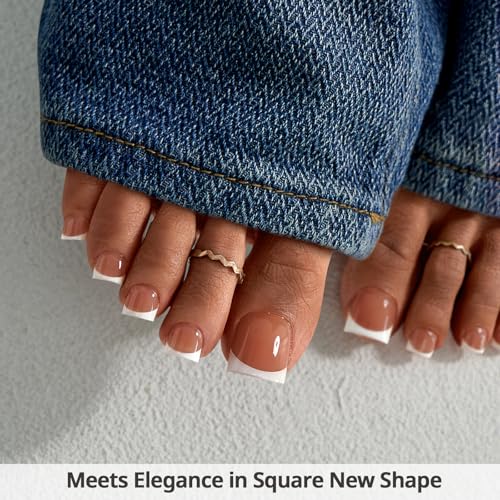 BTArtbox Press On Toenails - Lamp-Curable Real Square Toe Nail Press Ons with Glue for Women, Semi-Transparent Fake Toe Nail Tips with French Tip in 15 Sizes - 30 Toenails Kit, Exude Elegance