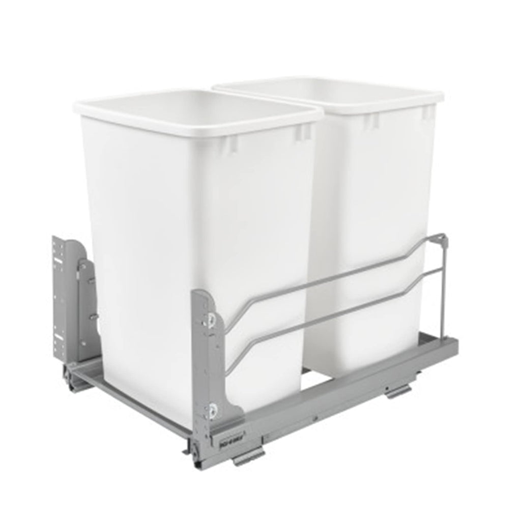 Rev-A-Shelf Double 35 Qt Pullout Trash Cans with Soft-Close for Under Kitchen Cabinets, Min Opening Width of 14.5", White, 53WC-1835SCDM-211