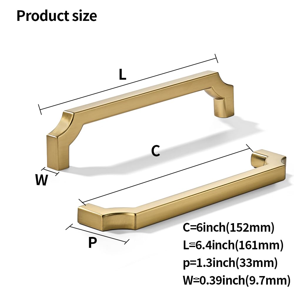 khtumeware 10-Pack 6 Inch Square Brushed Brass Cabinet Pulls, Solid Satin Brass Zinc Alloy Heavy-Duty Handles for Kitchen/Bathroom Cabinets, Drawers & Cupboards (6 Inch Center to Center)