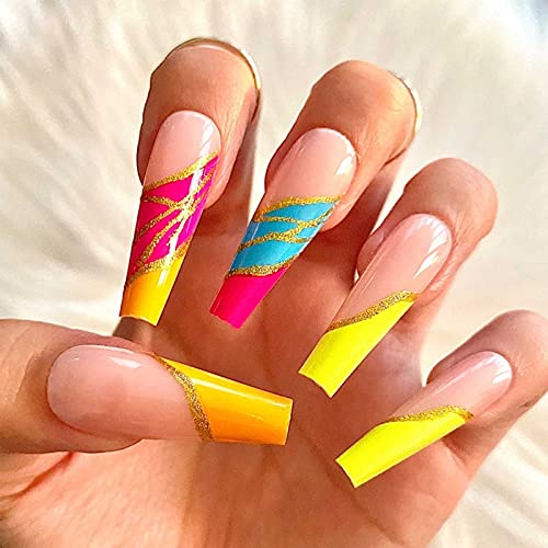 Long Fake Nails Tips - Coffin Luxury Press on Nails Pink Acrylic Ballerina Reusable False Nails for Women and Girls 24Pcs