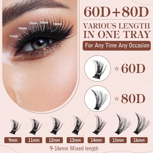 DIY Lash Extension Kit Volume Lash Clusters 60D+80D D Curl Individual Lashes Lash Clusters Kit Thick Eyelash Extension Kit 280 pcs Thin Band Cluster Lashes Lash Bond and Seal Lash Tweezers