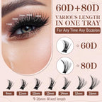 DIY Lash Extension Kit Volume Lash Clusters 60D+80D D Curl Individual Lashes Lash Clusters Kit Thick Eyelash Extension Kit 280 pcs Thin Band Cluster Lashes Lash Bond and Seal Lash Tweezers